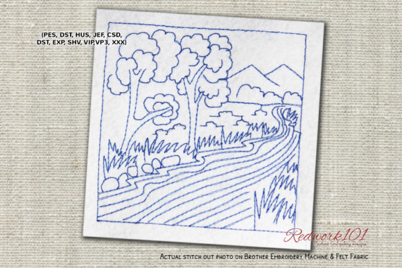River Scene: A Cityscape Embroidery Design for Real Products